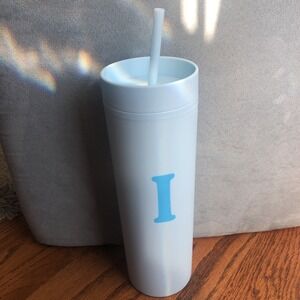 Modern Expressions BLUE Tumbler With Straw- letter I